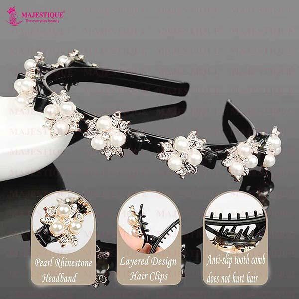 Majestique Double Layer Twist Plait Headband With Pearl Flower Alligator Clips - 3 Pcs Multicolor 1's - Hair Clips/Bands