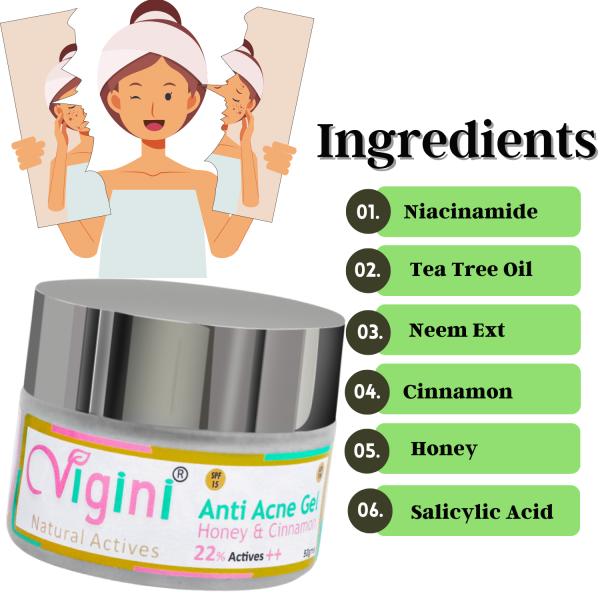 Vigini Natural Actives Anti Acne Gel - Honey & Cinnamon 50 gm - Face Gels
