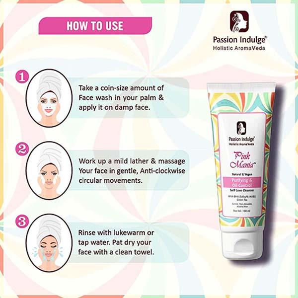 Passion Indulge Pink Mania Face Cleanser for Purifying and Oil Control Face with Aha Bha Acid All Skin Types 100 ml - Face Wash & Cleansers