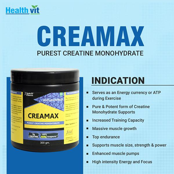 Healthvit Fitness Creamax Creatine Monohydrate Powder - Unflavored 300 gm - Workout Essentials