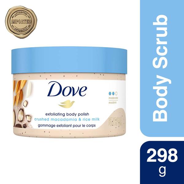 Netmeds | Dove Exfoliating Body Polish With Crushed Macadamia And Rice Milk 298 gm