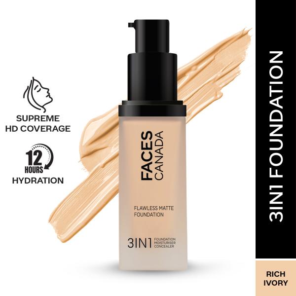 Faces Canada Flawless Matte Foundation - Rich Ivory 013, 12 Hr Hydration + SPF 18 30 ml - Foundation