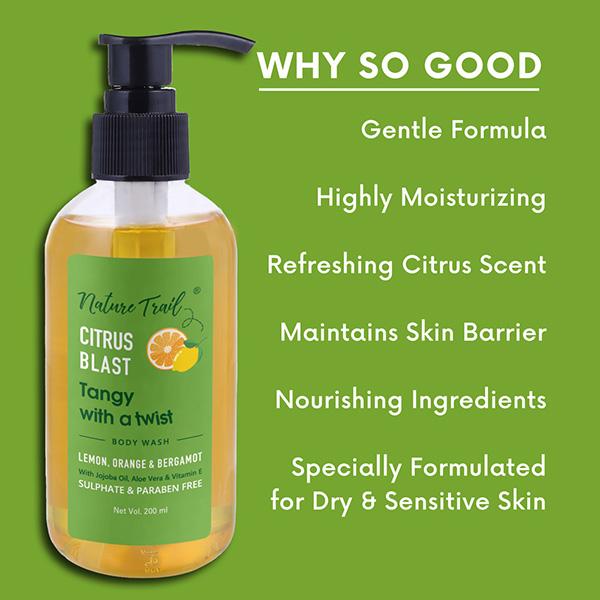 Nature Trail Citrus Blast Body Wash with Jojoba Oil and Aloe, Sulphate and Paraben Free 200 ml - Shower Gels & Body Wash