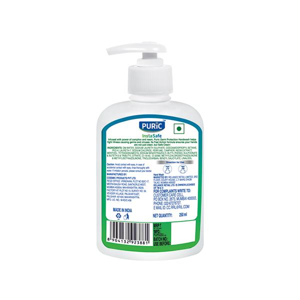Puric InstaSafe Germ Protection Hand Wash - Camphor & Neem 250 ml (185 ml Refill Free) - Hand Wash & Soaps