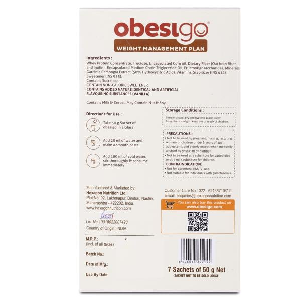 Obesigo Weight Management Plan Powder - Vanilla Shake (Pack of 7 x 50 g) - Weight Loss