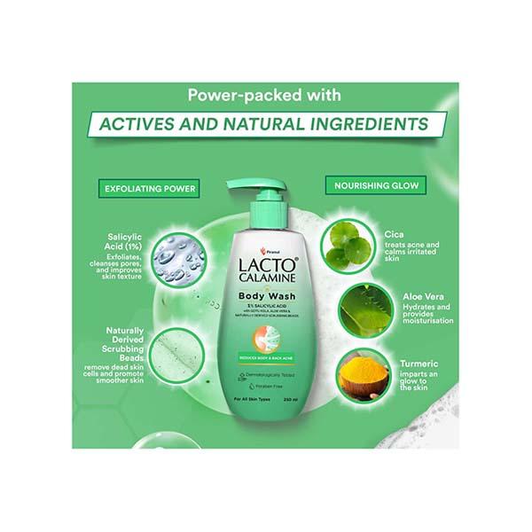Lacto Calamine 1% Salicylic Acid Body Wash Cica, Aloe Vera, Natural Scrubbing Bead for Body Acne 250 ml - Shower Gels & Body Wash