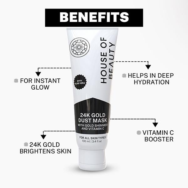 House of Beauty 24K Real Gold Dust Face Mask-Bridal Party Instant Glow with Niacin& Vit-C 100ml - Face Mask