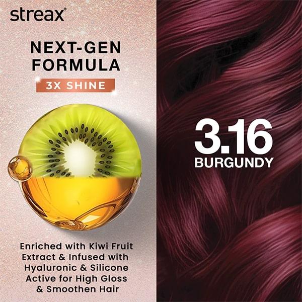Streax Gel Hair Colour for women, Burgundy 3.16, No ammonia hair color, 100% grey coverage 150 ml - Crème