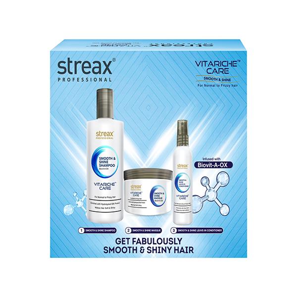 Netmeds | Streax Professional Vitariche Smooth & Shine Post Care Combo Kit ( Shampoo + Masque + Serum) 600 ml