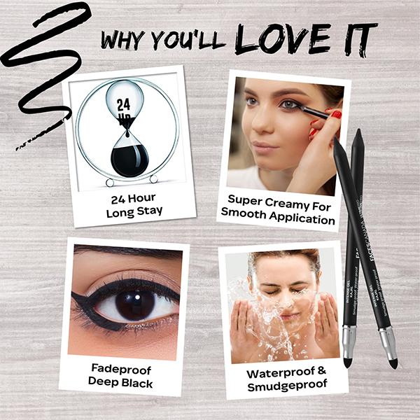 Faces Canada Ultime Pro Intense Gel Kajal With Smudger & Sharpener - Black, 24HR Long Stay 1.2 gm - Kajal & Kohls
