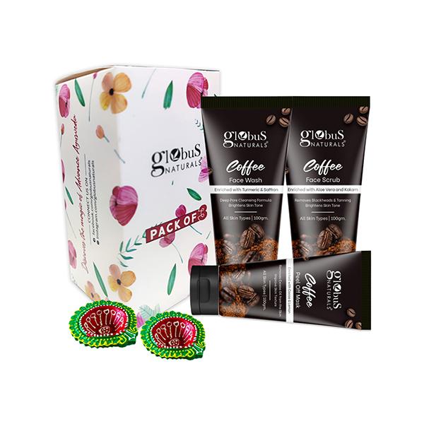 Netmeds | Globus Naturals Diwali Glow Coffee Trio Kit-Face Wash 100gm, Face Scrub 100gm, Peel Off Mask 100gm 1's