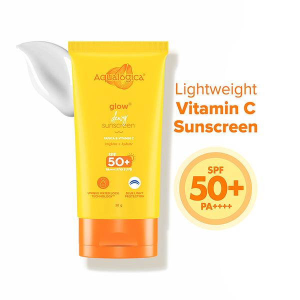 Netmeds | Aqualogica Glow+ Dewy Lightweight & Hydrating Travel-Friendly Sunscreen with SPF 50+ 30 gm