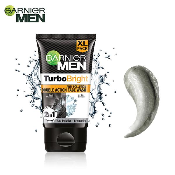 Garnier Men Turbo Bright 2 In 1 Anti Pollution Double Action Black Charcoal Vitamin C Face Wash 150gm - Face Washes
