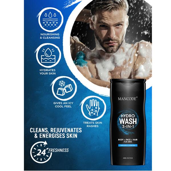 Mancode Hydro Wash 3 in 1 ( Body+Face+Hair ) 450 ml - Shower Gels & Body Wash