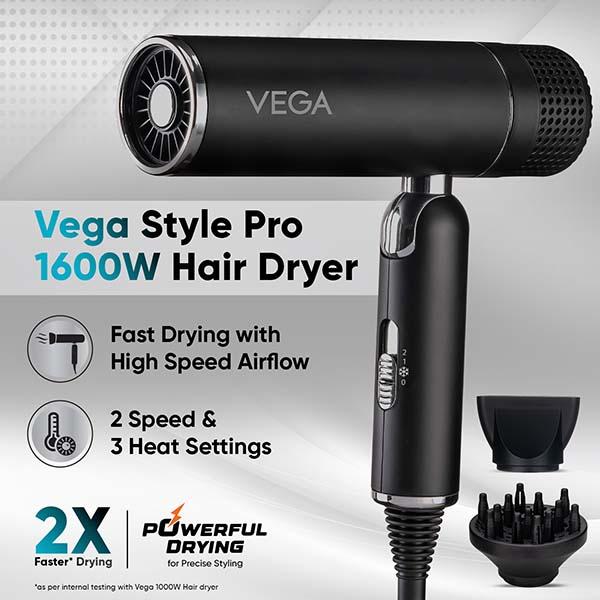 Vega Style Pro 1600W Hair Dryer for Men and Women with 2X Faster Drying, 2 Attachment (VHDH-34) 549 gm - Hair Dryers