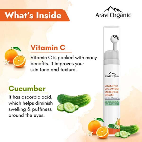 Aravi Organic Vitamin C and Cucumber Under Eye Cream Roll On For Dark Circles and Puffy Eyes 15 ml - Under Eye Creams & Serums
