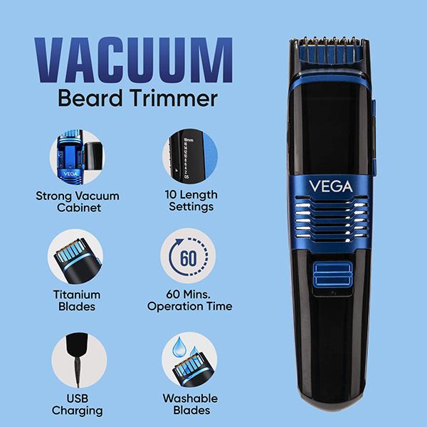 Vega Smart Series Vacuum Beard Trimmer for Men with Titanium Blades, 60 Mins Runtime, (VHTH-28) 1's - Trimmers