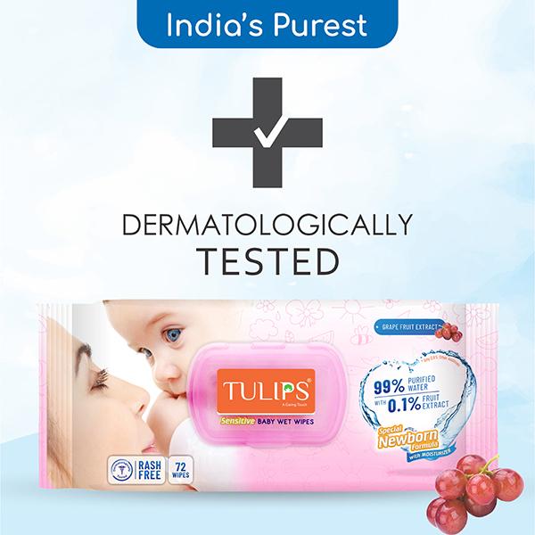 Tulips Sensitive Baby Wet Wipes With LID Grape Extract 72's - Cotton Buds & Balls