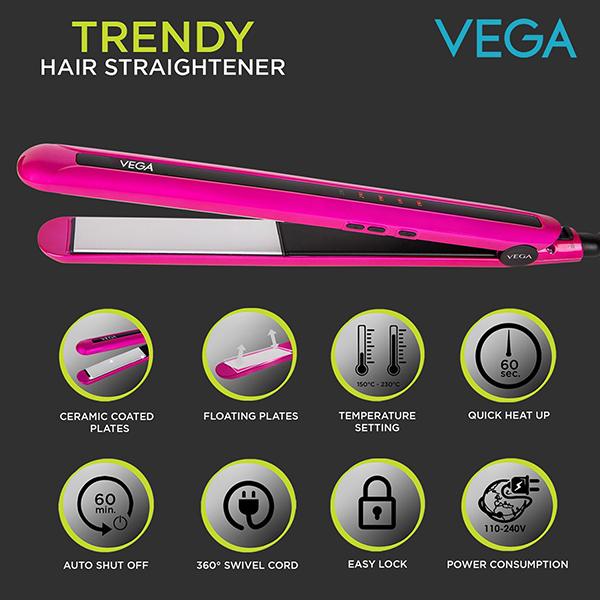Vega Trendy Hair Straightener With Ceramic Coated Floating Plates (VHSH-16) Pink 1's - Straighteners