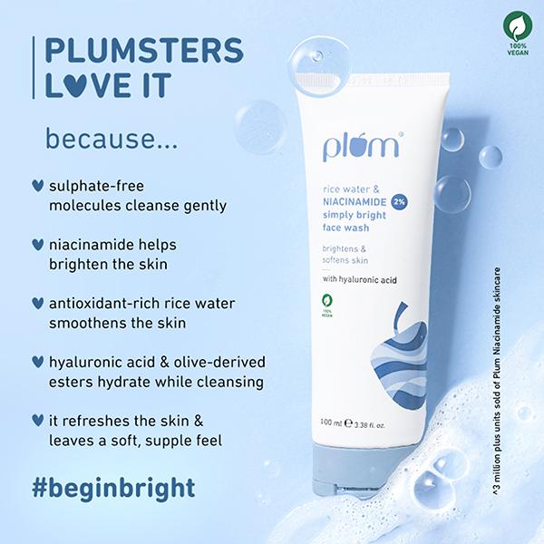 Plum Bright 2% Niacinamide Face Wash with Rice Water Brightens Skin, Helps Fade Blemishes 100 ml - Face Sunscreen