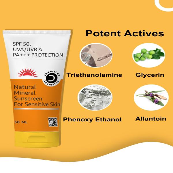 Dermistry Natural Mineral Sunscreen SPF 50 UVA UVB PA+++ Protection - Sensitive Skin 50 ml + 1% Hyaluronic Acid Hydra Nourishing Sunscreen SPF 50 UVA UVB PA+++ Protection 50 ml - Face Sunscreen