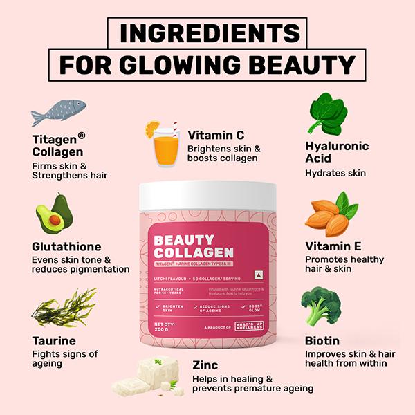 What's Up Beauty Collagen Powder Certified Marine Titagen Type I & III Spotless Skin Litchi Flavour 200 gm - Multi-Vitamins