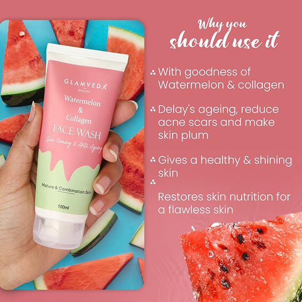 Glamveda Watermelon & Collagen Anti Ageing Face WashReduces Fine Lines, Wrinkles & Skin Dullness 100 ml - Face Wash & Cleansers