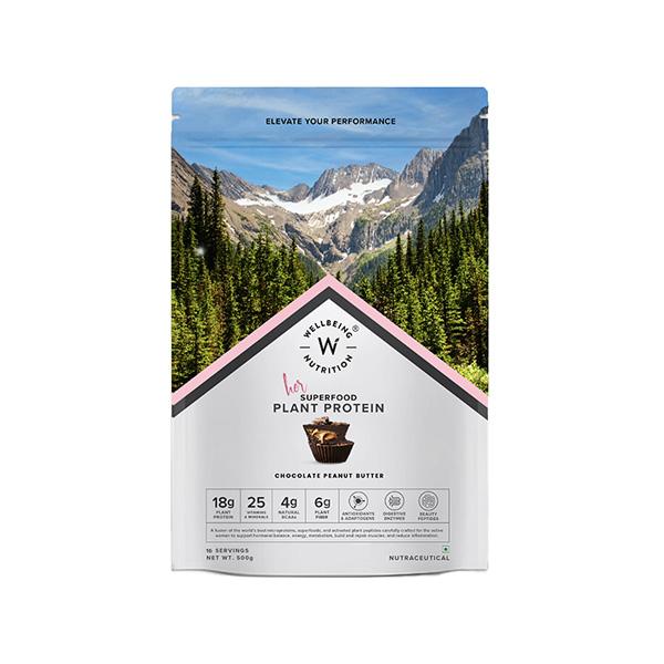 Netmeds | Wellbeing Nutrition Her Superfood Plant Protein Powder Chocolate Peanut Butter 500 g