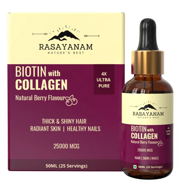 Rasayanam Biotin With Collagen 25000 MCG Liquid - Natural Berry Flavour 50 ml - Hair & Skin