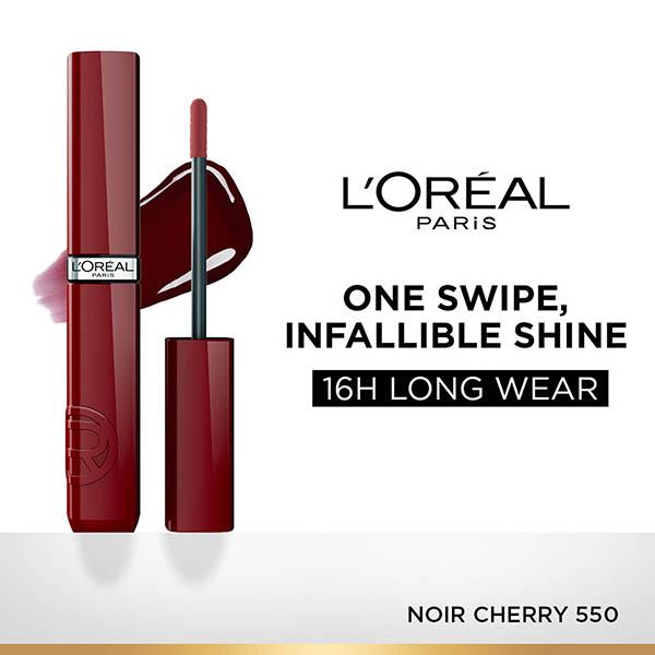 Loreal Paris Infallible Laque Resistance Lacquer-Like Shine, 16H Longwear, 550 Noir Cherry 4 ml - Liquid Lipsticks