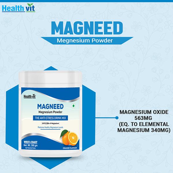 Healthvit Magneed Magnesium Powder - Orange Flavour 300 gm - Calcium And Minerals