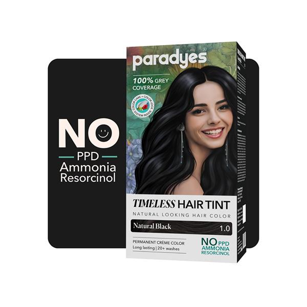 Paradyes Natural Black Timeless Permanent Creme Hair Colour for Grey Coverage, 1.0 Natural Black 160 gm - Crème