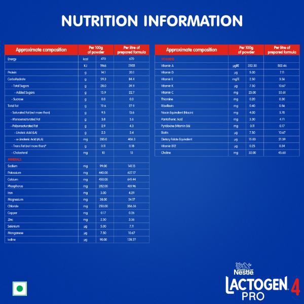 Nestle LACTOGEN PRO 4 Follow Up Formula with Whey Protein, Iron, Vitamin A, C & D (After 18 Months Upto 24 Months) Powder 400 g - Baby And Infant Supplements