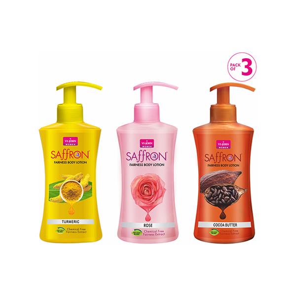 Netmeds | Vi-John Women Saffron Fairness Body Lotion (Rose + Turmeric + Cocoa Butter) - Pack of 3 x 250 ml