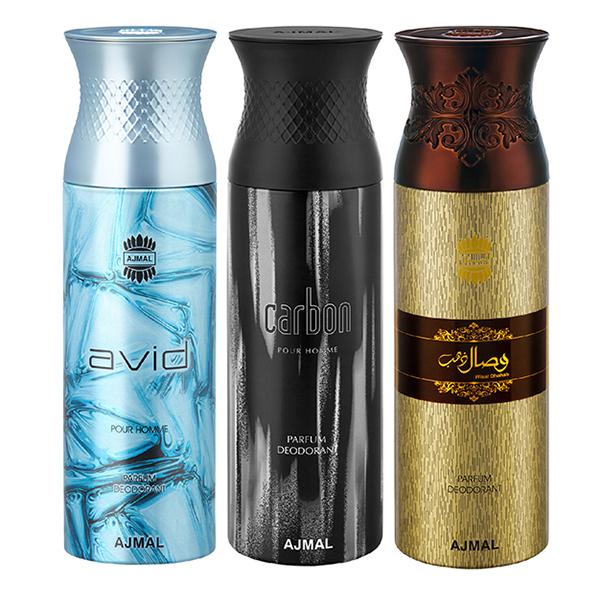 Netmeds | Ajmal Avid & Carbon & Wisal Dahab Deodorant Spray - For Men (Pack Of 3) 200 ml