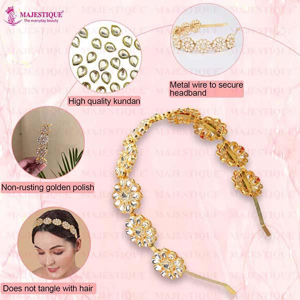 Majestique Gold-Plated Kundan Mathapatti Metal Hairband Ethnic Flower Design For Women 1's - Hair Clips/Bands