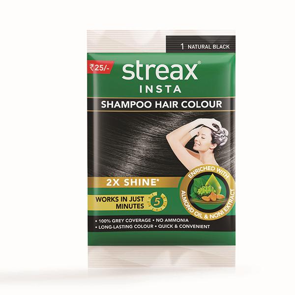 Streax Insta Shampoo Hair Colour Enriched With Almond Oil & Noni Extract - 1 Natural Black  18ml - Sachet/Shampoo