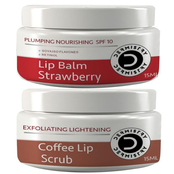Netmeds | Dermistry Plumping Nourishing SPF 10 Lip Balm Strawberry 15 ml + Exfoliating Lightening Coffee Lip Scrub 15 ml