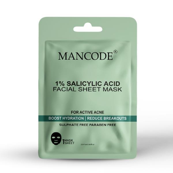 Netmeds | Mancode 1% Salicylic Acid Facial Sheet Mask For All Skin Types 25 gm