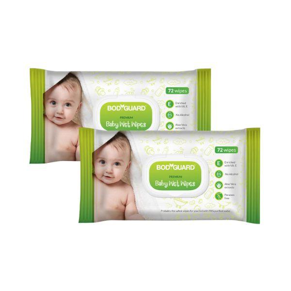 Netmeds | BodyGuard Premium Baby Wet Wipes with Aloe Vera Extract (Pack of 2 x 72's)