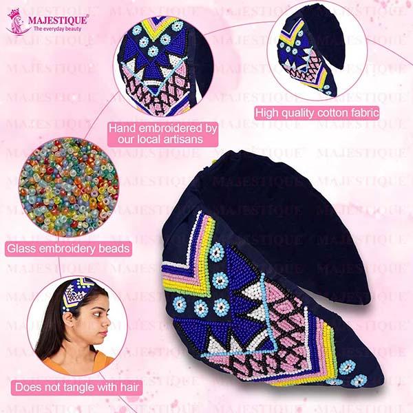 Majestique Cotton Floral Printed Embroidered Embellished Fabric Hair Accessories Band - Blue 1's - Hair Clips/Bands