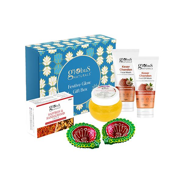 Netmeds | Globus Naturals Kesar Chandan Diwali Glow Gift Box, Face Wash 75gm, Peel Off Mask 100gm, Face Gel 100gm, Saffron and Sandalwood Soap 100gm 1's