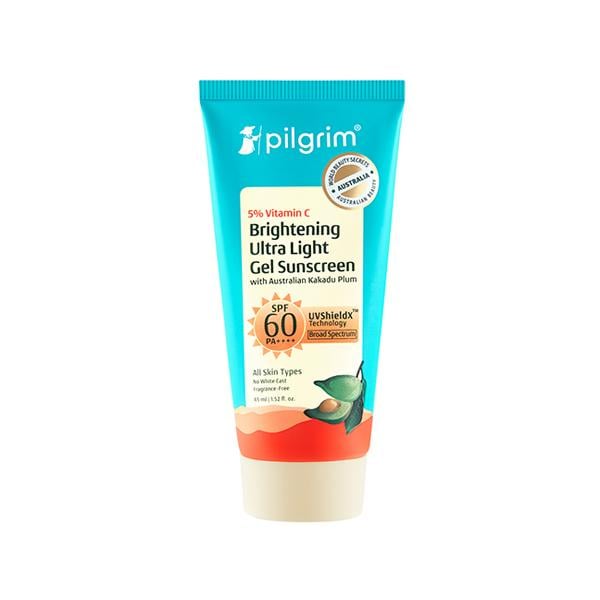 Netmeds | Pilgrim 5% Vitamin C Brightening Ultra Light Gel Sunscreen SPF 60 PA+++ with Australian Kakadu Plum 45 ml