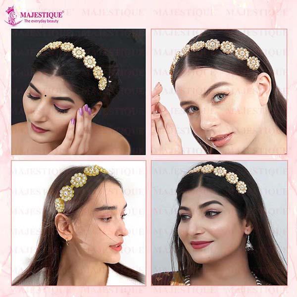 Majestique Gold-Plated Kundan Mathapatti Metal Hairband Ethnic Flower Design For Women 1's - Hair Clips/Bands