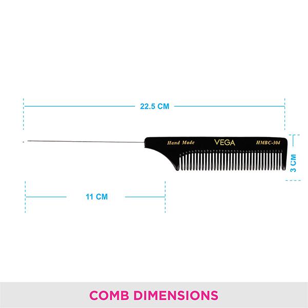 Vega Tail Hair Comb with Steel Pin for Women, Black, (VC2HMBC-304) 2's - Hair Combs