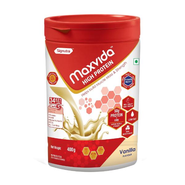 Netmeds | Maxvida High Protein Powder - Vanilla Flavour (Jar) 400 g