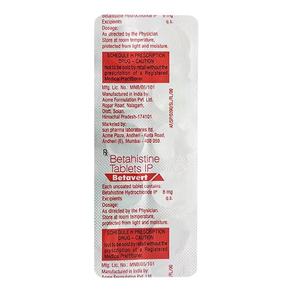 Betavert 8mg Tablet 10'S - Vertigo-Ant