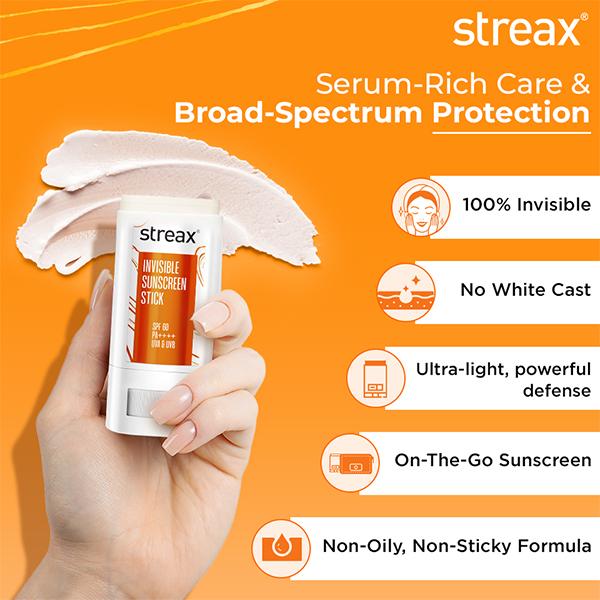 Streax Sunscreen Stick SPF 60 PA++++, UV Care Hyaluronic Acid & Ceramides Serum complex 20 g - Face Sunscreen