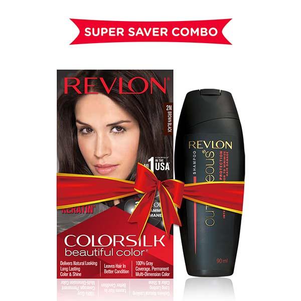 Revlon ColorSilk Beautiful Hair Color with Keratin 3D Color - 2N Brown Black 91.8ml + Outrageous Shampoo 90ml (91.8ml + 90ml) 1's - Crème