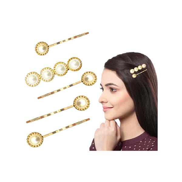 Majestique Stylish Pearl Golden Hair Pins, Metal Korean Fancy Accessories, Kids, Girls, Women 5's - Hair Clips/Bands